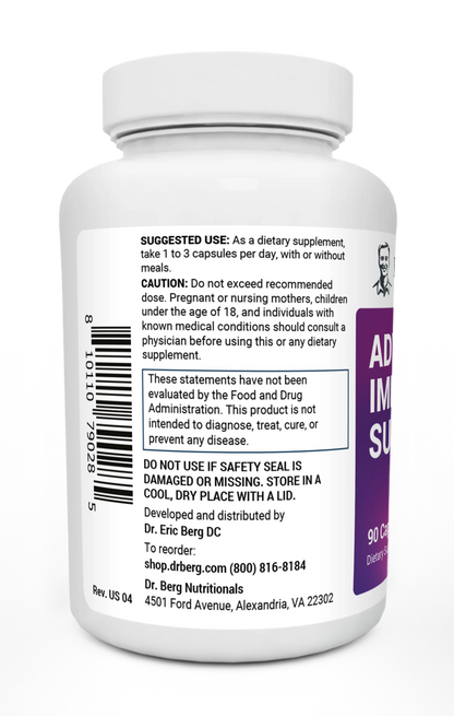 Advanced Immune Support bottle label, left side view, suggested use instructions, safety warning details. 