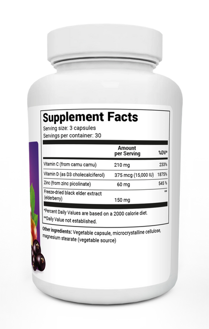 Advanced Immune Support bottle label, right side view, supplement facts. 