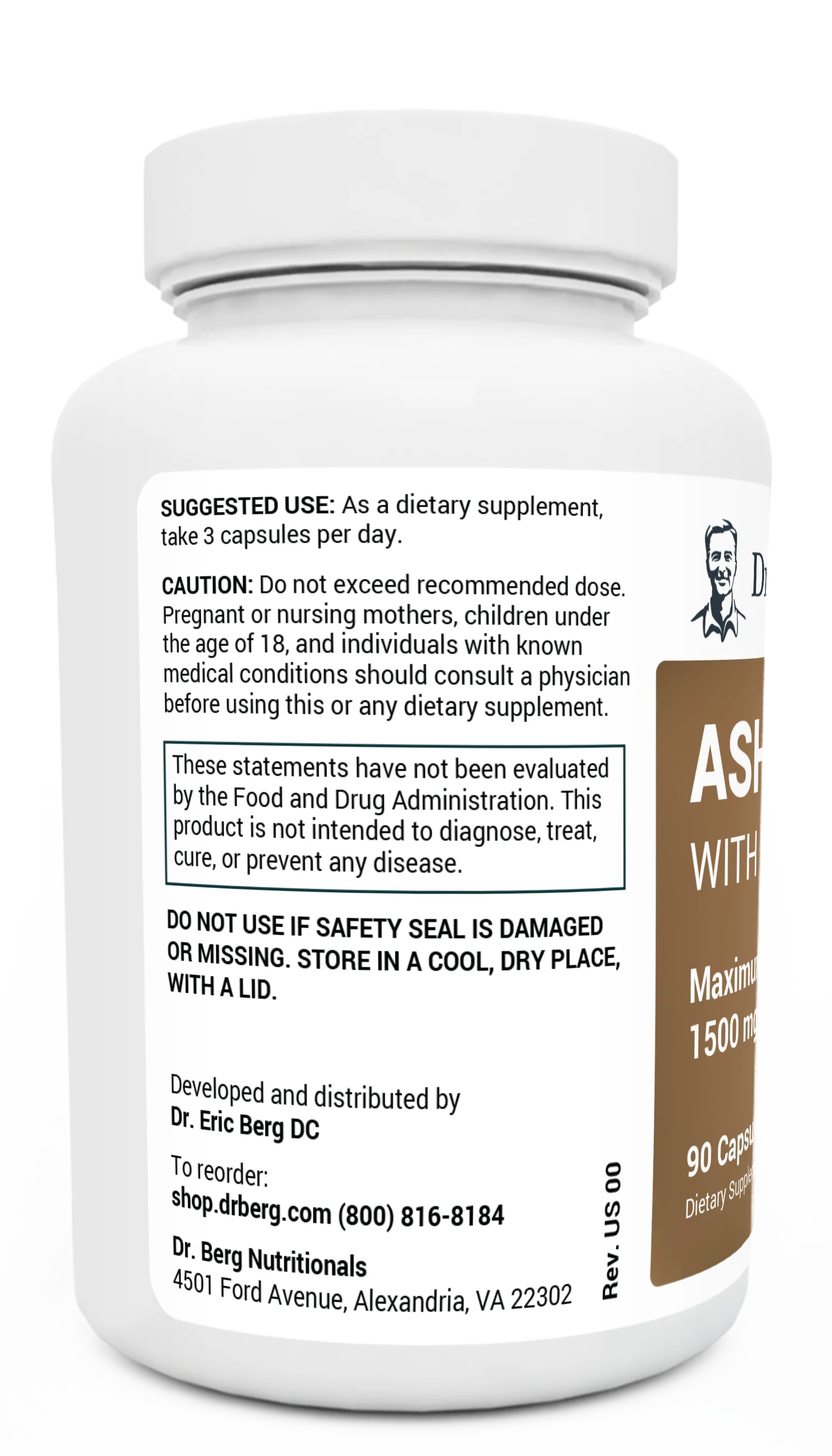 Ashwagandha bottle label, left side view, suggested use instructions, safety warning details.