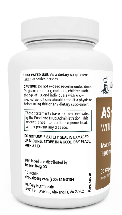 Ashwagandha bottle label, left side view, suggested use instructions, safety warning details.