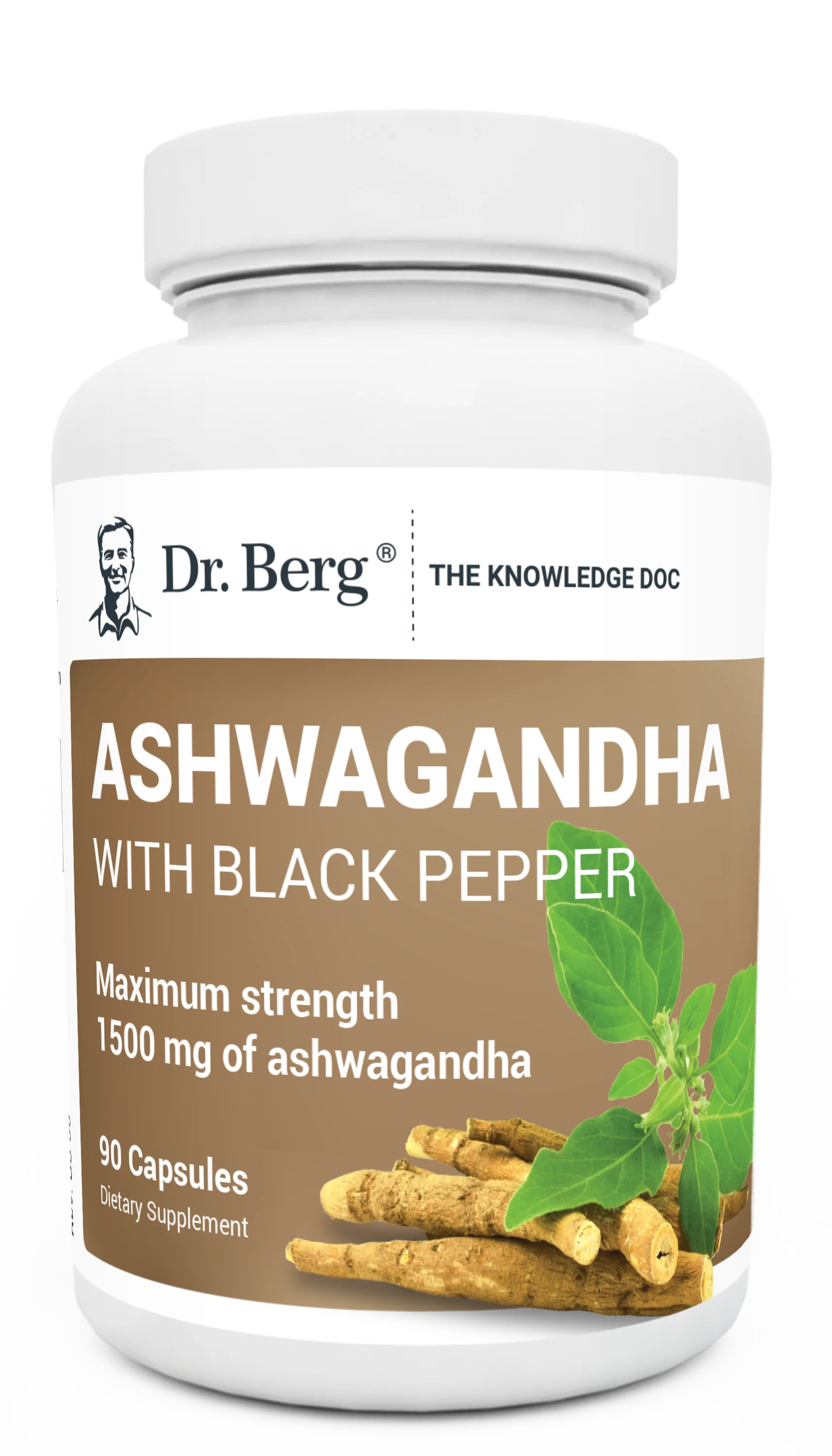 Ashwagandha with Black Pepper, 90 capsules, front view, bottle with Dr. Berg branding and ashwagandha plant on the cover.