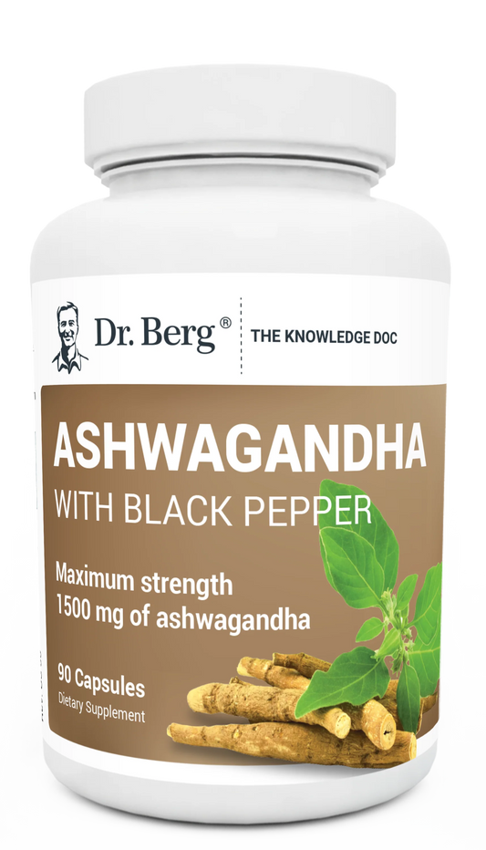 Ashwagandha with Black Pepper, 90 capsules, front view, bottle with Dr. Berg branding and ashwagandha plant on the cover.