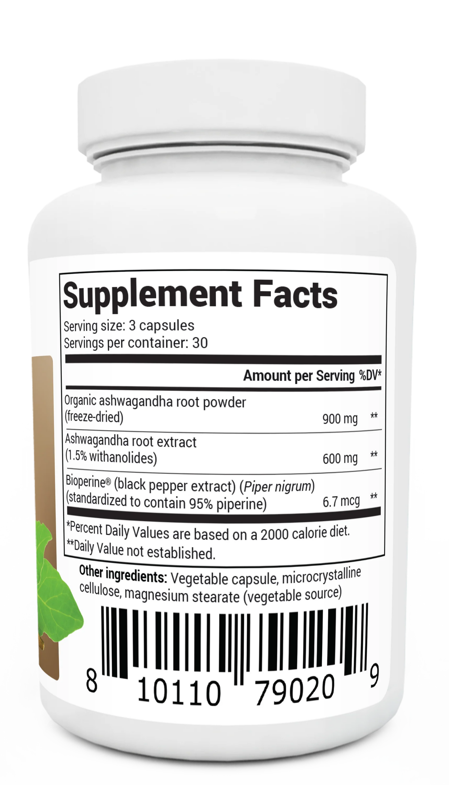 Ashwagandha bottle label, right side view, supplement facts. 