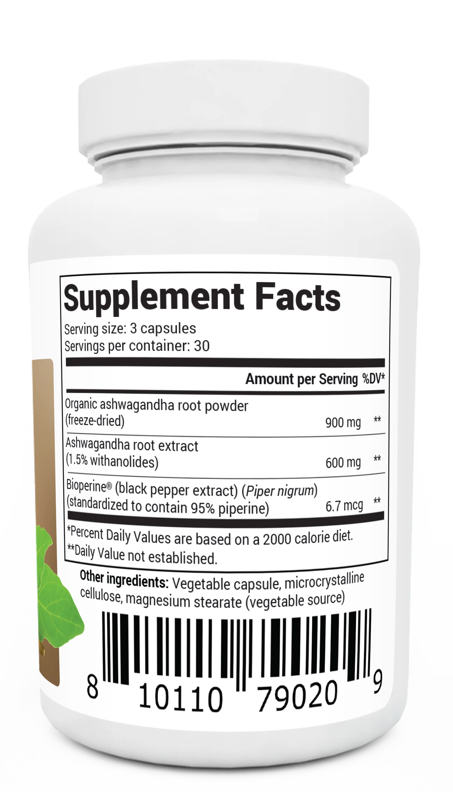 Ashwagandha bottle label, right side view, supplement facts. 