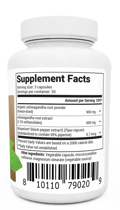 Ashwagandha bottle label, right side view, supplement facts. 