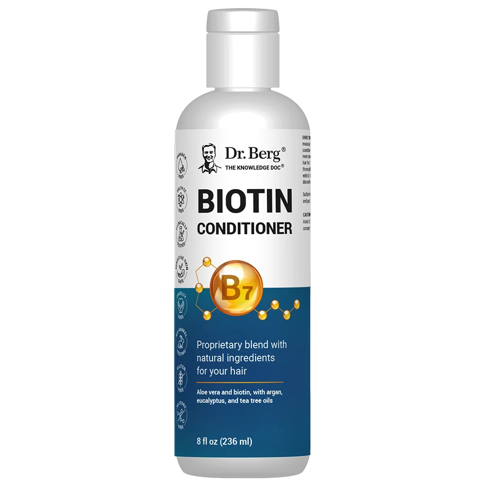 Biotin Conditioner, 8 fluid ounces, front view, bottle with Dr. Berg branding. 