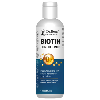 Biotin Conditioner, 8 fluid ounces, front view, bottle with Dr. Berg branding. 