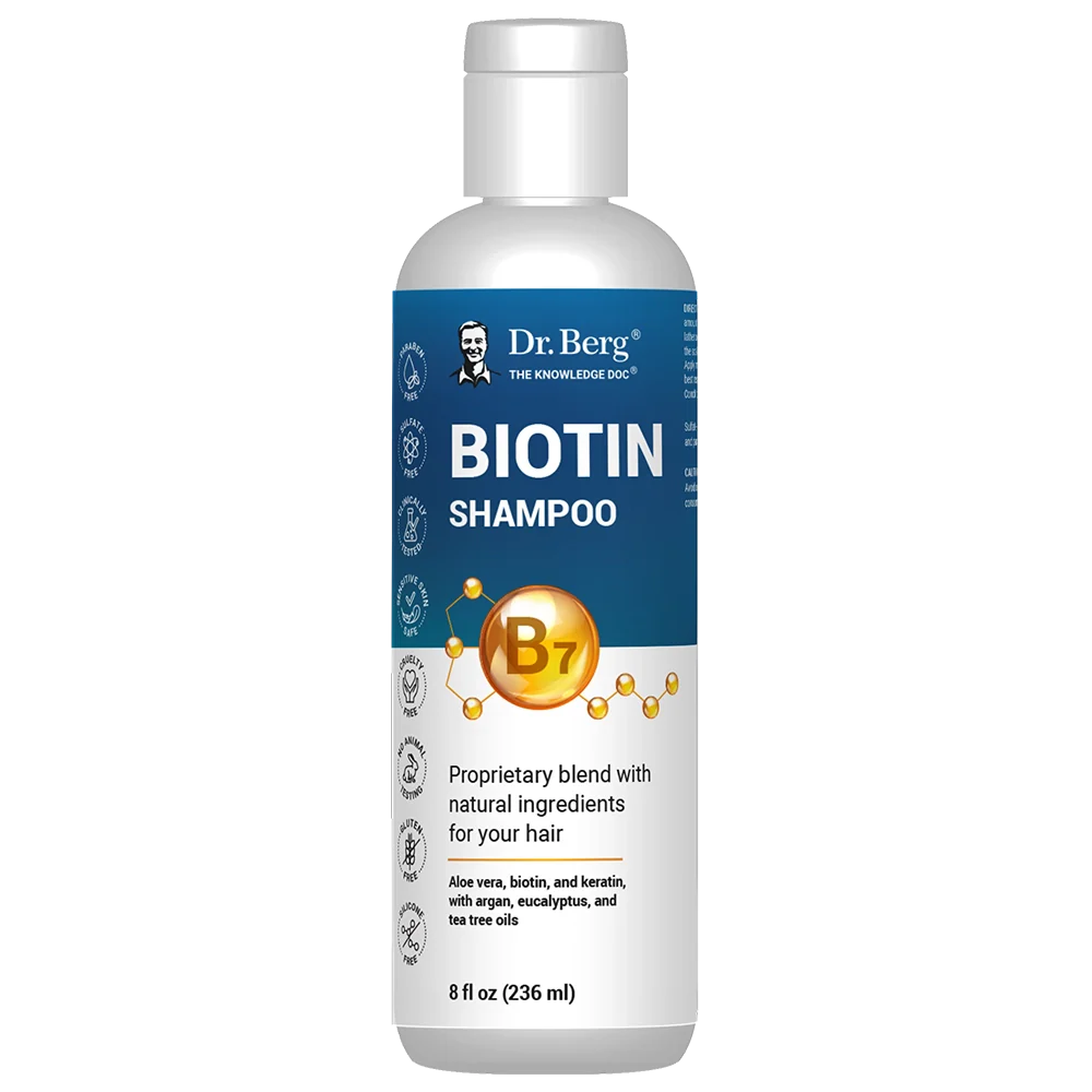 Biotin Shampoo, 8 fluid ounces, front view, bottle with Dr. Berg branding. 