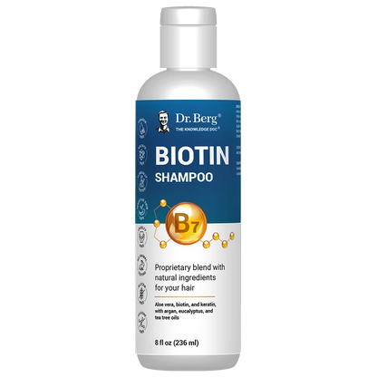 Biotin Shampoo, 8 fluid ounces, front view, bottle with Dr. Berg branding. 