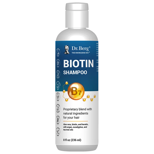 Biotin Shampoo, 8 fluid ounces, front view, bottle with Dr. Berg branding. 