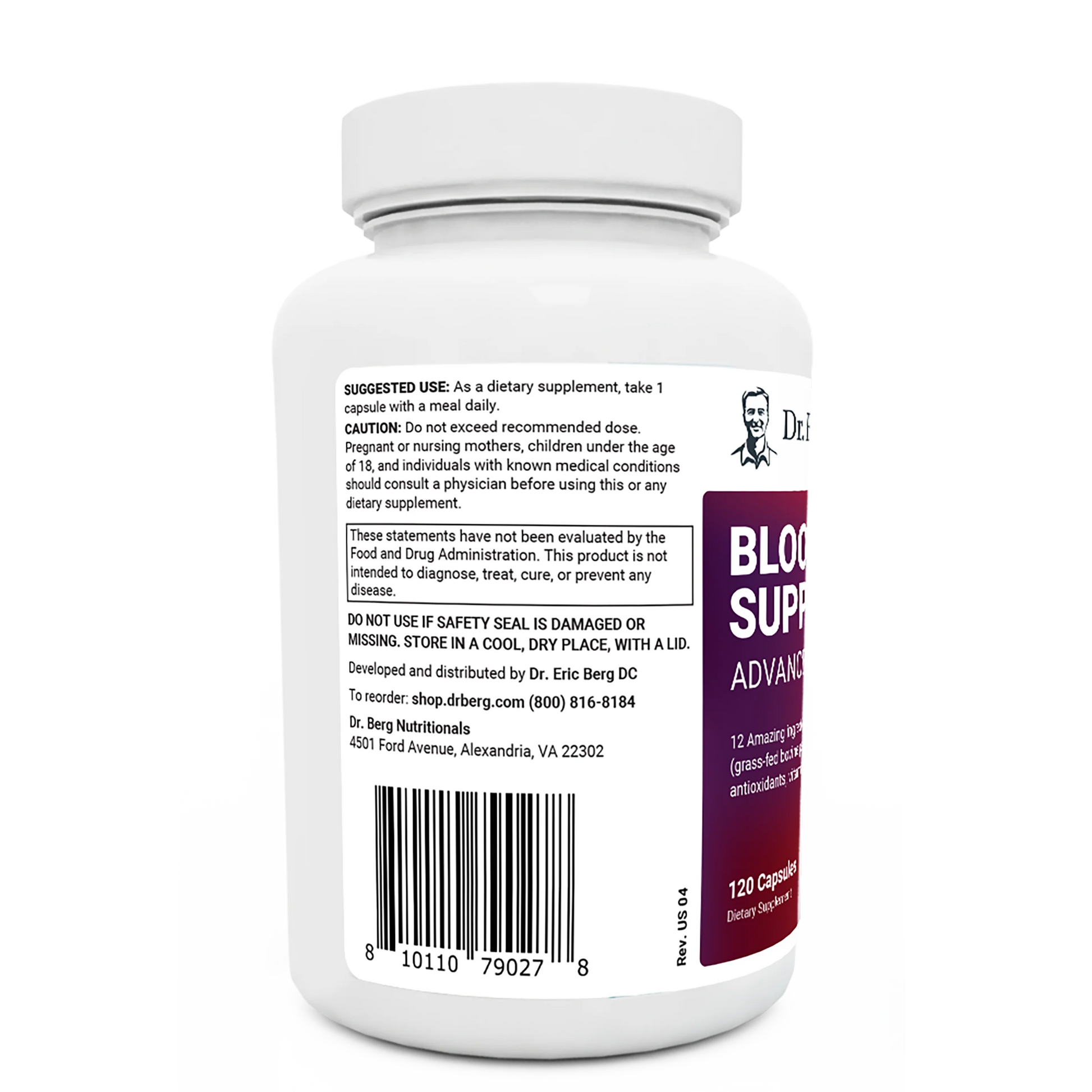 Blood Sugar Support Advanced Formula bottle label, left side view, suggested use instructions, safety warning details.