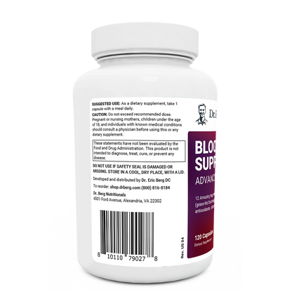 Blood Sugar Support Advanced Formula bottle label, left side view, suggested use instructions, safety warning details.