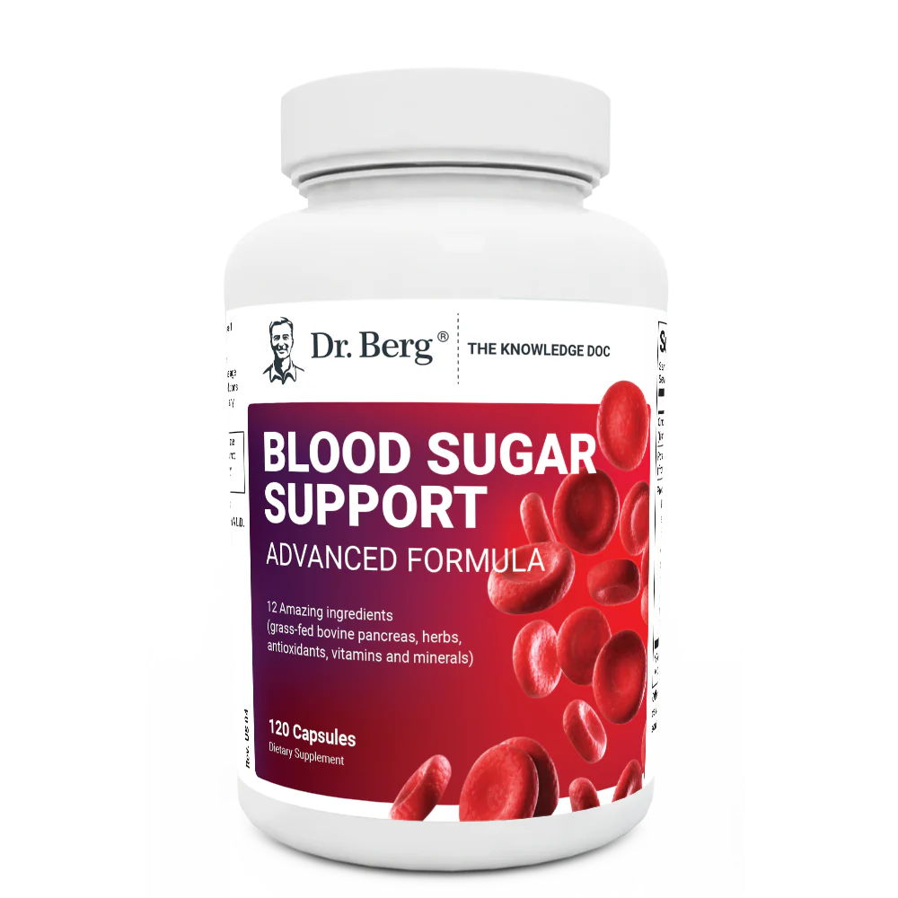 Blood Sugar Support Advanced Formula, 120 capsules, front view, bottle with Dr. Berg branding and blood cells on the cover.