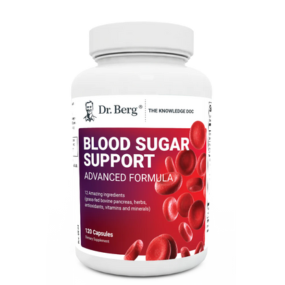 Blood Sugar Support Advanced Formula, 120 capsules, front view, bottle with Dr. Berg branding and blood cells on the cover.