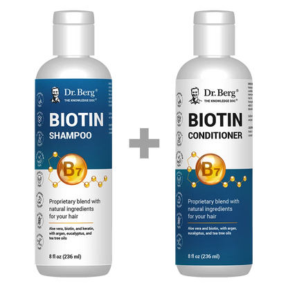 Biotin Shampoo and Conditioner Set, sulfate-free, two 8 fluid ounce bottles, front view, bottle with Dr. Berg branding.