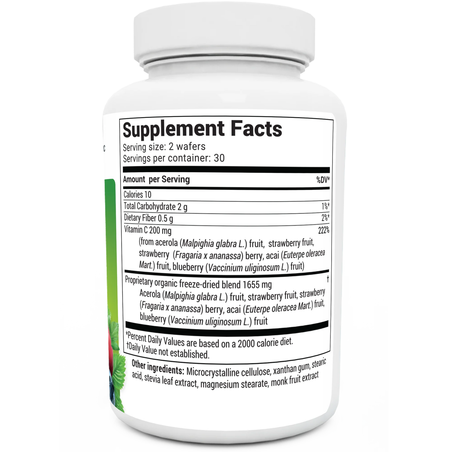 Chewable Vitamin C Complex bottle label, right side view, supplement facts. 