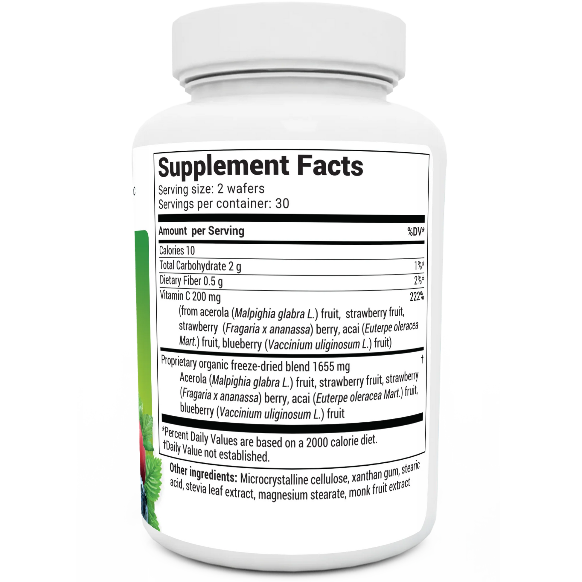 Chewable Vitamin C Complex bottle label, right side view, supplement facts. 