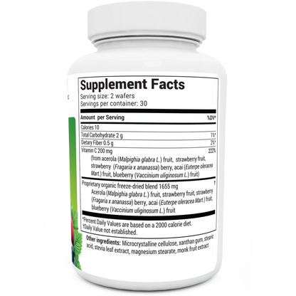 Chewable Vitamin C Complex bottle label, right side view, supplement facts. 