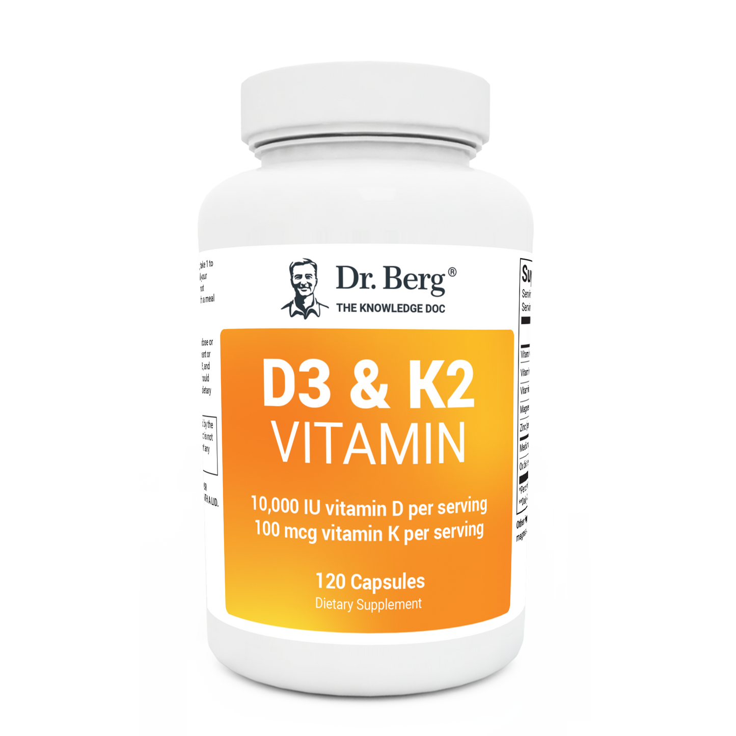 D3 and K2 Vitamin 10,000 IU, 120 capsules, front view, bottle with Dr. Berg branding. 