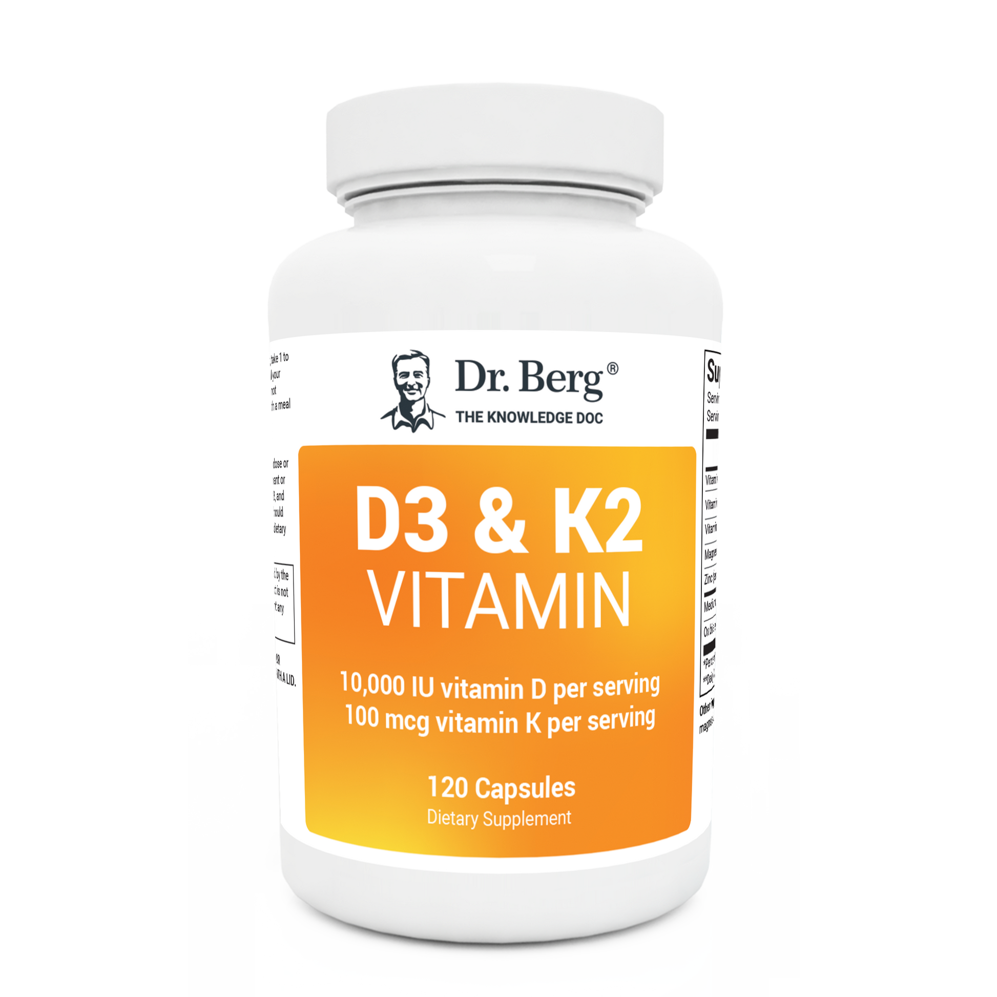 D3 and K2 Vitamin 10,000 IU, 120 capsules, front view, bottle with Dr. Berg branding. 