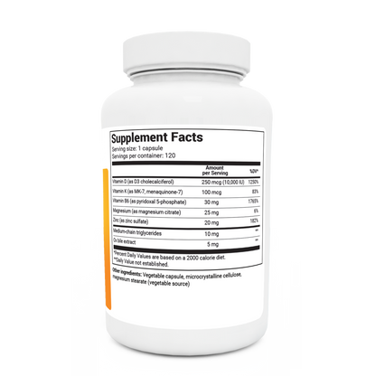 D3 and K2 Vitamin 10,000 IU bottle label, right side view, supplement facts. 