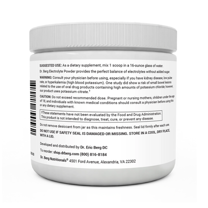 Electrolyte Powder, Raspberry and Lemon Flavor 50 Servings bottle label, left side view, suggested use instructions, safety warning details.