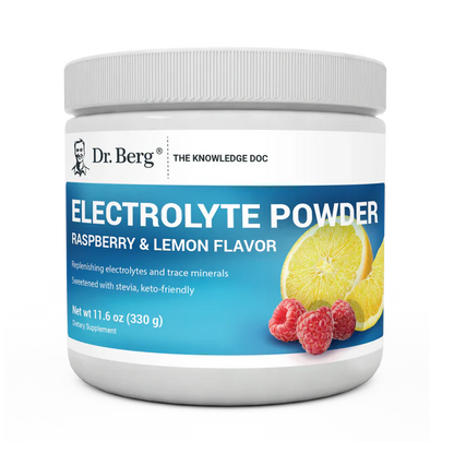 Electrolyte Powder, Raspberry and Lemon Flavor, 50 Servings, 11.6 ounces, front view, bottle with Dr. Berg branding, raspberries, and lemon slice on the cover.