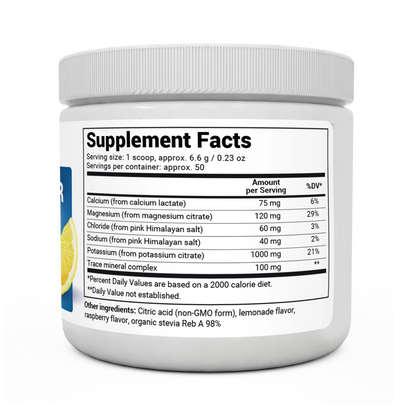 Electrolyte Powder, Raspberry and Lemon Flavor 50 Servings bottle label, right side view, supplement facts. 
