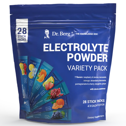 Electrolyte Powder Variety Pack, 28 sticks, front view of bag with Dr. Berg branding and 7 flavor packs on the cover.