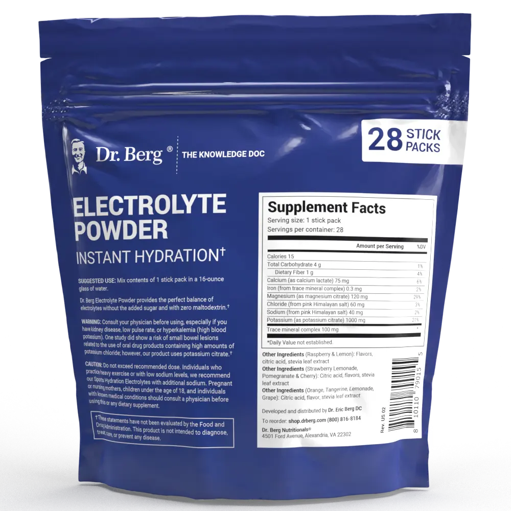 Electrolyte Powder Variety Pack, back view of label showing supplement facts, suggested use instructions, and safety warnings.