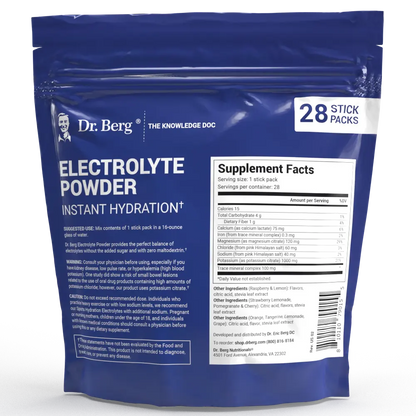 Electrolyte Powder Variety Pack, back view of label showing supplement facts, suggested use instructions, and safety warnings.