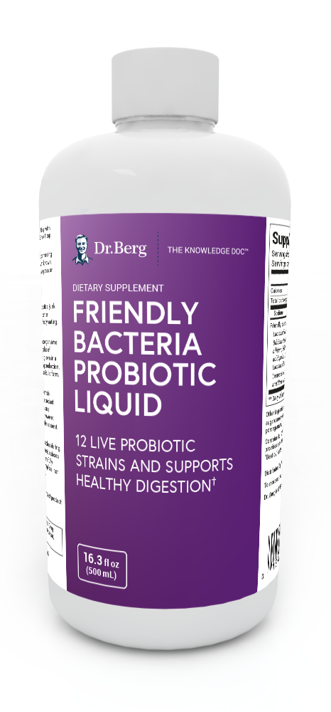 Friendly Bacteria Probiotic Liquid, 16.3 fluid ounces, front view, bottle with Dr. Berg branding.