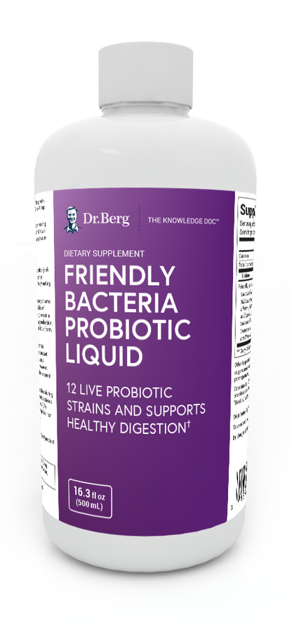 Friendly Bacteria Probiotic Liquid, 16.3 fluid ounces, front view, bottle with Dr. Berg branding.