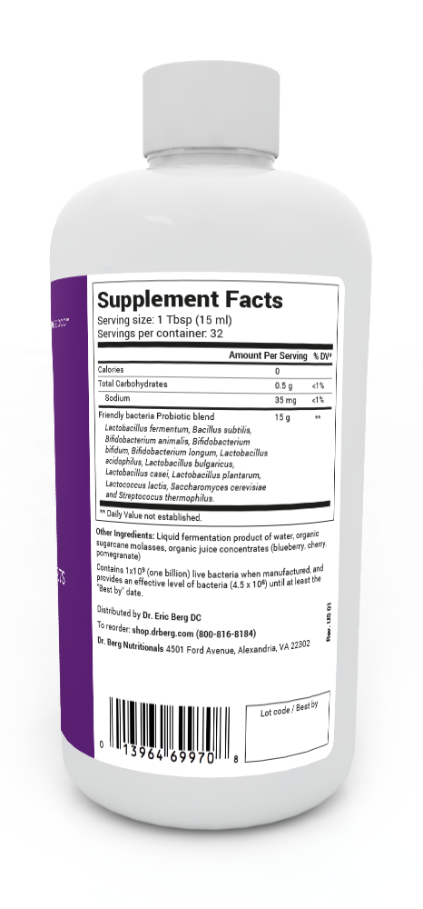 Friendly Bacteria Probiotic Liquid bottle label, right side view, supplement facts. 