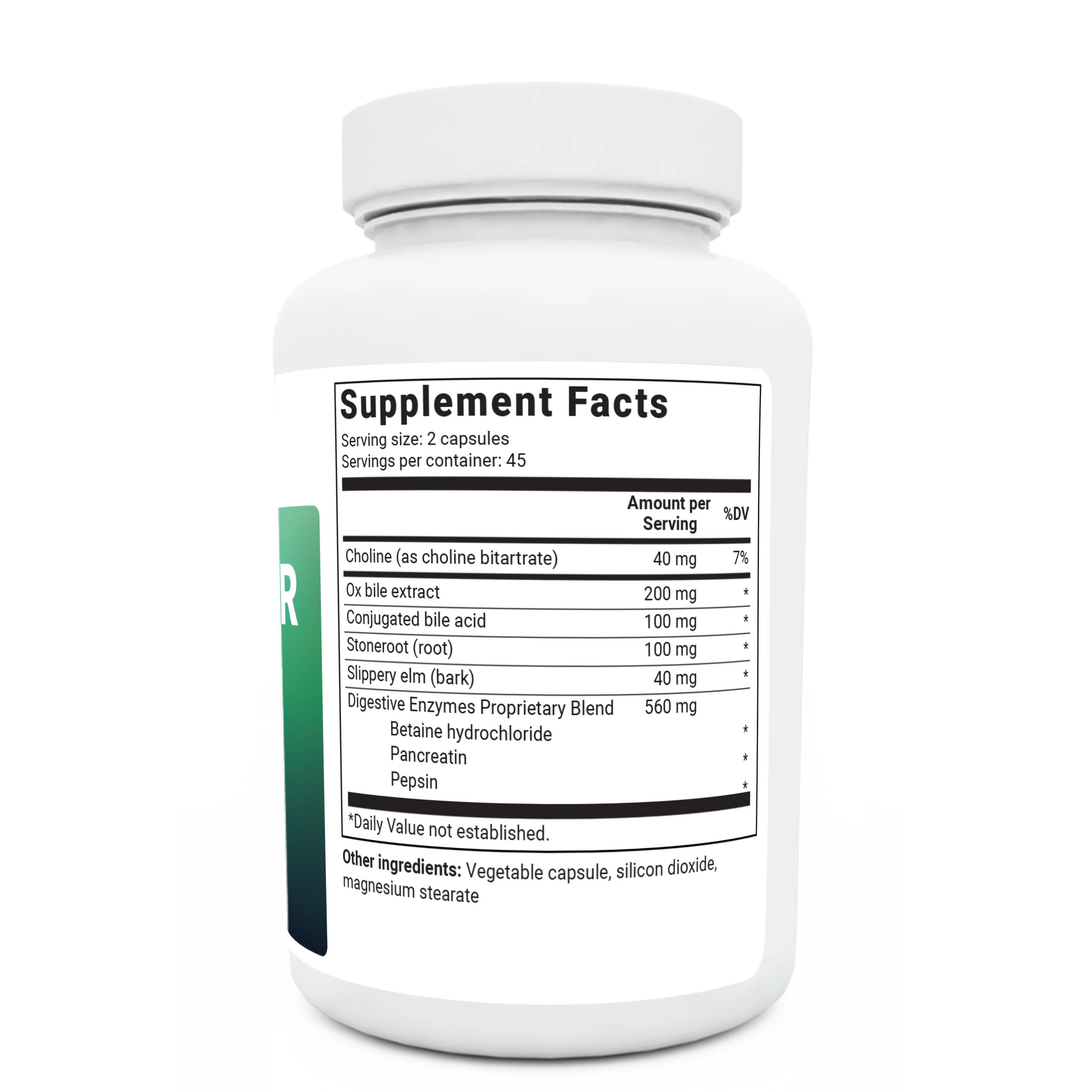 Gallbladder Formula bottle label, right side view, supplement facts. 