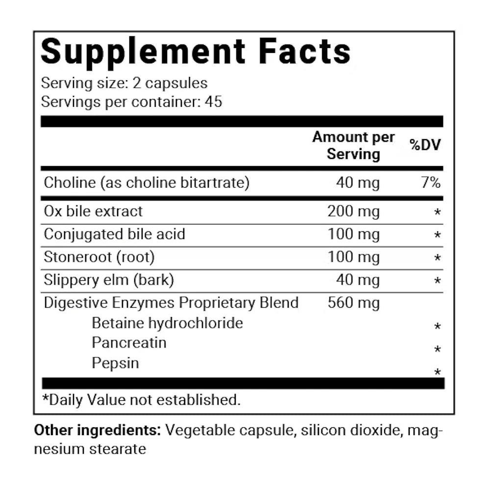 Close-up view of Gallbladder Formula supplement fact label.