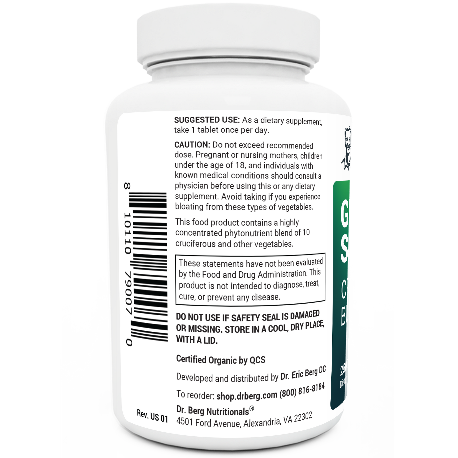 Organic Greens Superfood bottle label, 250 tablets, left side view, suggested use instructions, safety warning details.