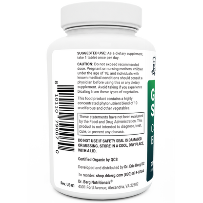 Organic Greens Superfood bottle label, 250 tablets, left side view, suggested use instructions, safety warning details.