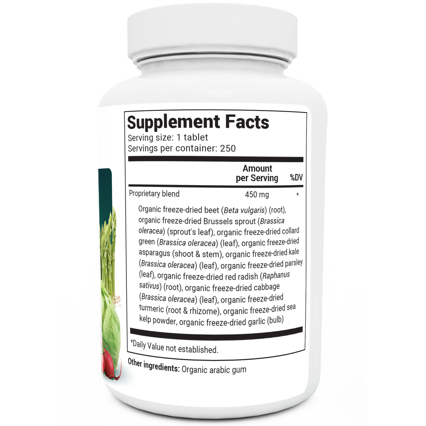 Organic Greens Superfood bottle label, 250 tablets, right side view, supplement facts. 