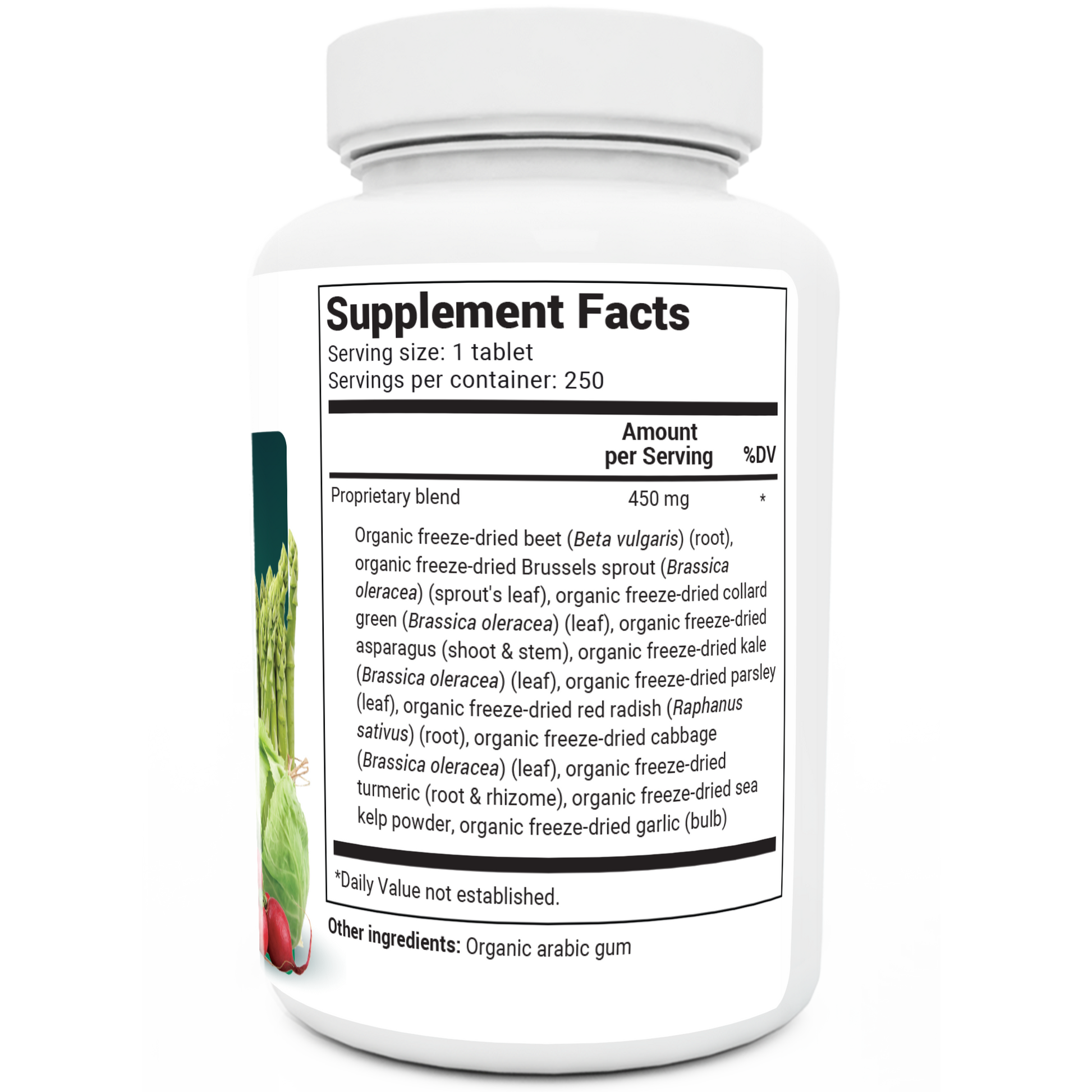 Organic Greens Superfood bottle label, 250 tablets, right side view, supplement facts. 