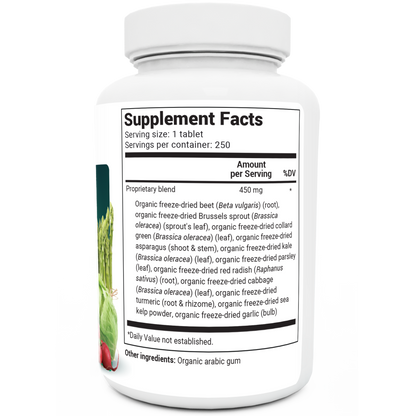 Organic Greens Superfood bottle label, 250 tablets, right side view, supplement facts. 