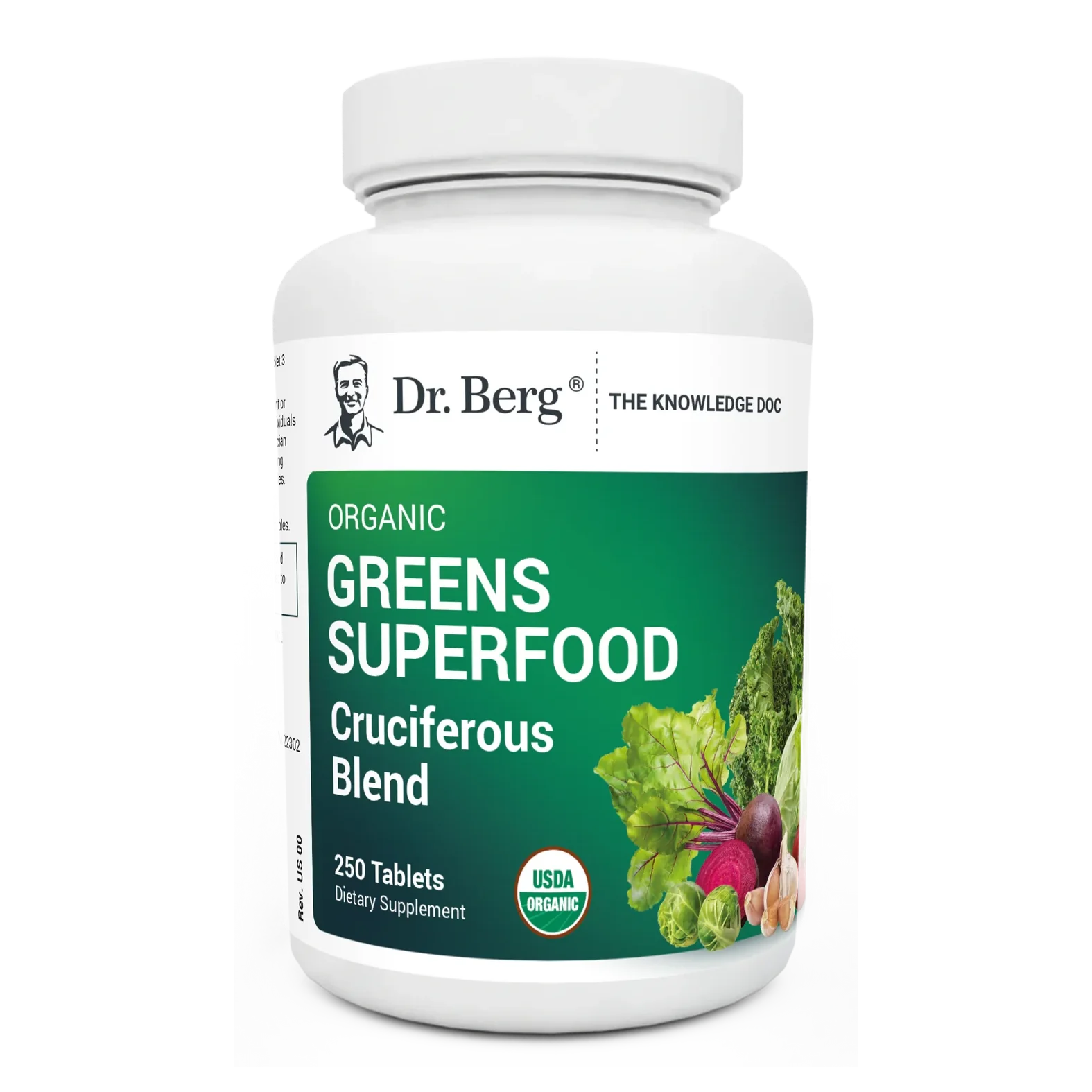 Organic Greens Superfood Cruciferous Blend, 250 tablets, front view, bottle with Dr. Berg branding and vegetables on the cover.