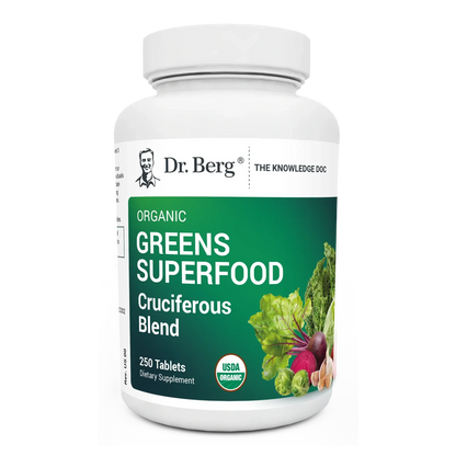 Organic Greens Superfood Cruciferous Blend, 250 tablets, front view, bottle with Dr. Berg branding and vegetables on the cover.