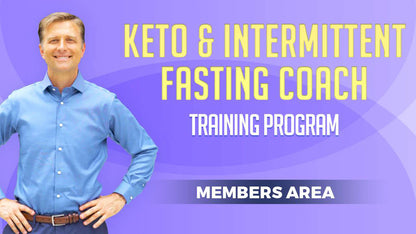 Dr. Berg stands confidently, hands on hips, smiling, beside text 'Keto and Intermittent Fasting Coach training program, members area'.