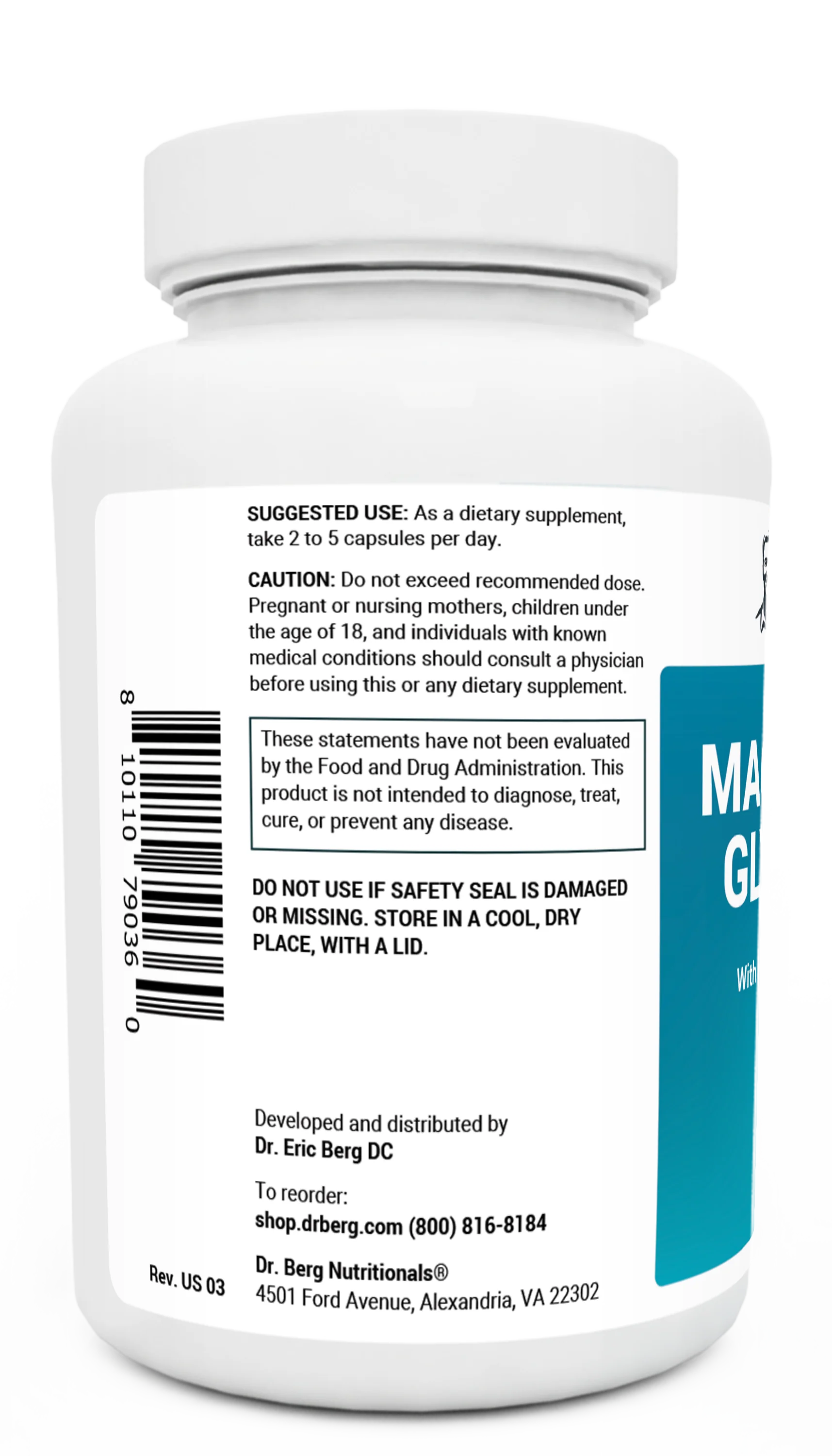 Magnesium Glycinate bottle label, left side view, suggested use instructions, safety warning details.