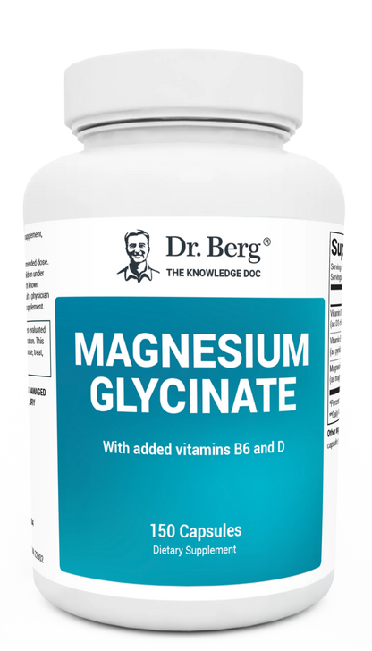 Magnesium Glycinate with added vitamin B6 and D, 150 capsules, front view, bottle with Dr. Berg branding.
