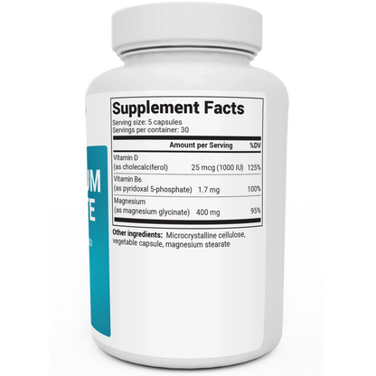 Magnesium Glycinate bottle label, right side view, supplement facts. 