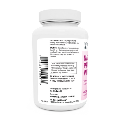 Natural Prenatal Vitamin bottle label, left side view, suggested use instructions, safety warning details.