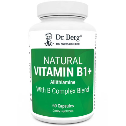 Natural Vitamin B1+, 60 capsules, front view, bottle with Dr. Berg branding.