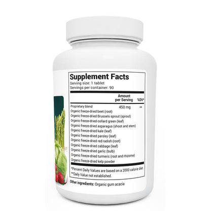 Organic Greens Superfood bottle label, 90 tablets, right side view, supplement facts. 